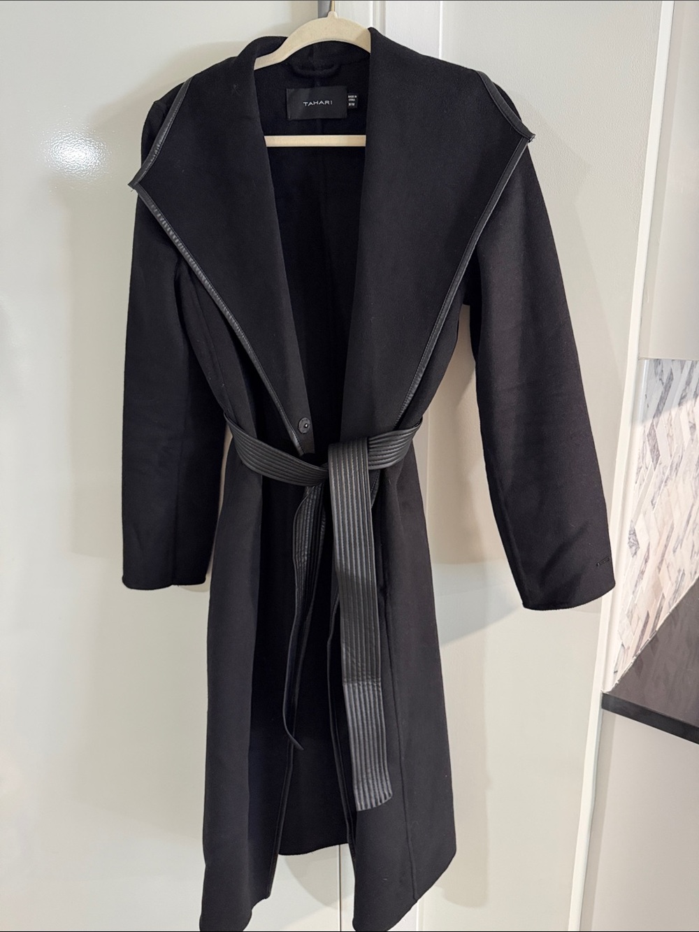 Tahari Black Wrap Trench Coat with Textured Belt
